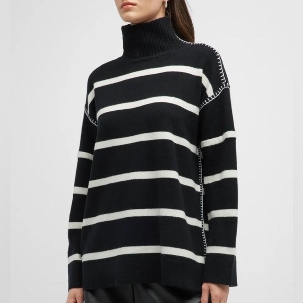 Alice + Olivia Bobbie Striped Turtleneck Wool Cashmere Sweater Black White XS/TP